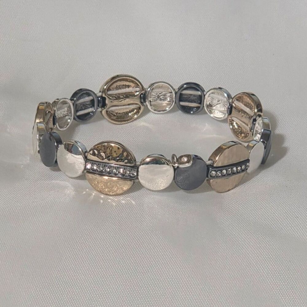 Nine West Two Tone Hammered Gold Silver Geometric Disc Rhinestone Link Bracelet